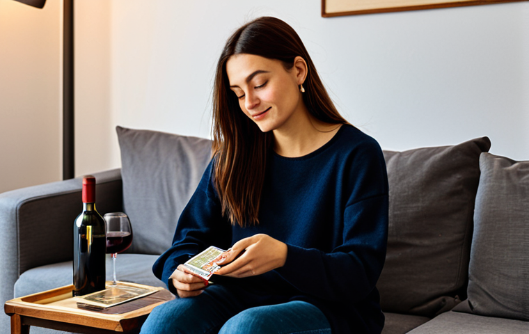 혼술과 타로   술자리 운세 보기 - **

A relaxed woman in a cozy, stylish living room (salón acogedor), wearing comfortable clothing (r...