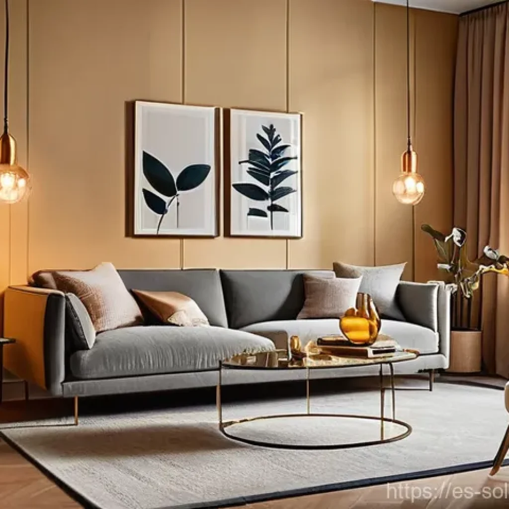 혼술과 스마트 디바이스 활용법 - **Smart Lighting Ambiance: Golden Hour Reflection**
"A cozy and elegant living room bathed in th...