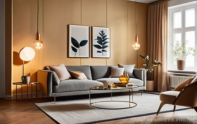 혼술과 스마트 디바이스 활용법 - **Smart Lighting Ambiance: Golden Hour Reflection**
    "A cozy and elegant living room bathed in th...