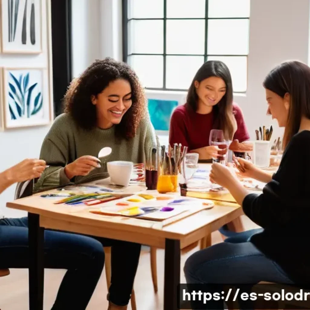 혼술과 예술   술 마시며 그림 그리기 - A cozy, well-lit home art studio in Barcelona featuring a group of diverse adults casually painting ...