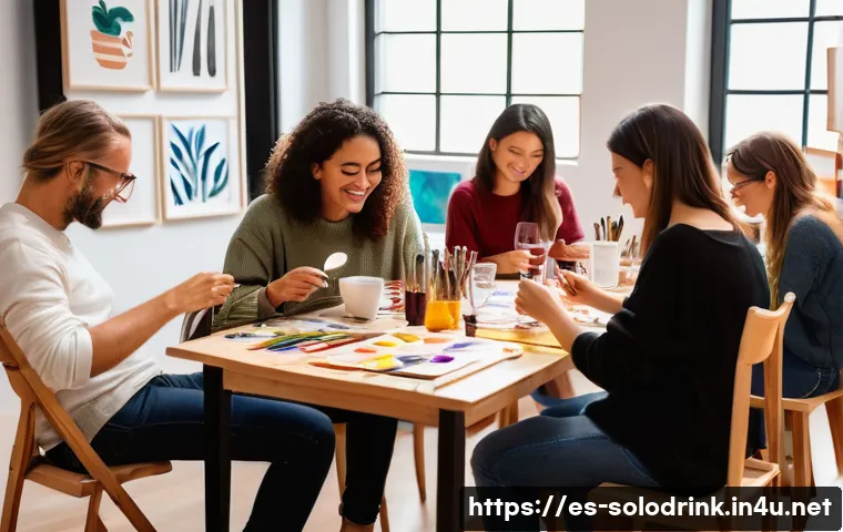 혼술과 예술   술 마시며 그림 그리기 - A cozy, well-lit home art studio in Barcelona featuring a group of diverse adults casually painting ...