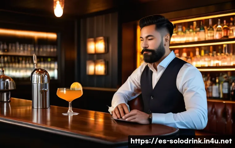 혼술 문화와 해외 비교 - A cozy, dimly lit modern bar interior designed for solo enjoyment, featuring individual high-backed ...