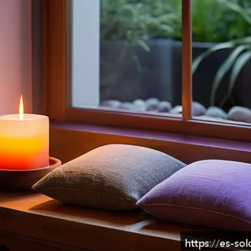 혼술과 명상   차분한 분위기 조성법 - A cozy meditation corner bathed in soft, warm candlelight with lavender-scented candles glowing gent...
