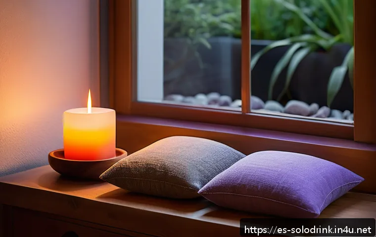 혼술과 명상 차분한 분위기 조성법 - A cozy meditation corner bathed in soft, warm candlelight with lavender-scented candles glowing gent...