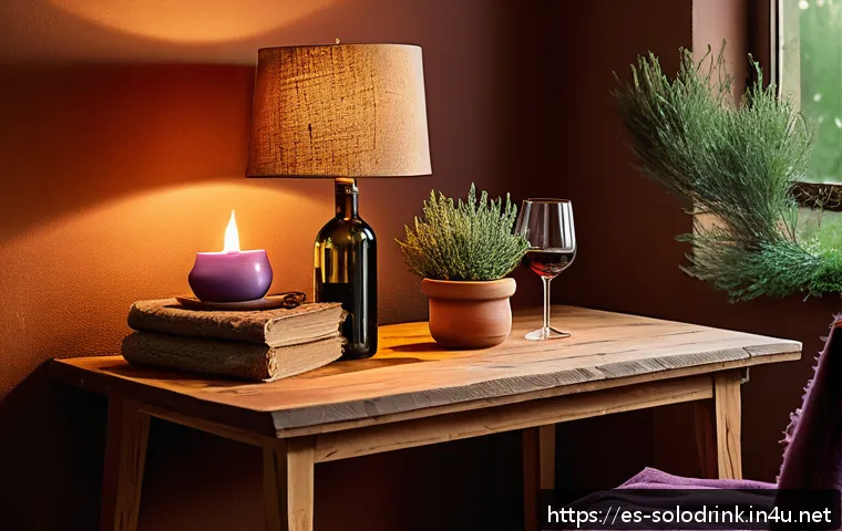 혼술할 때 조명 연출법 - A cozy, intimate indoor wine nook designed for a relaxing evening, featuring warm amber and golden l...