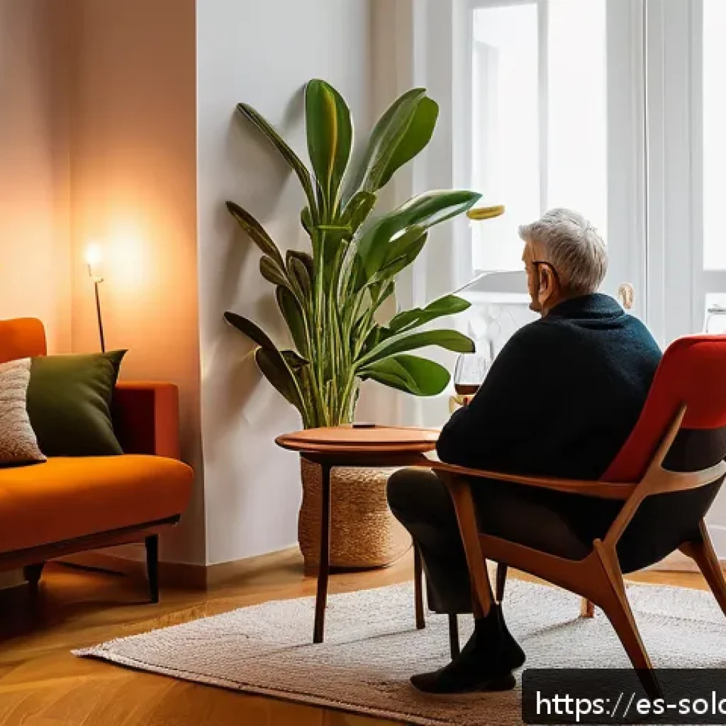 혼술과 심리 상담 혼술로 힐링하는 법 - A cozy, warmly lit room in a modern Spanish apartment with soft amber lighting from a small candle o...