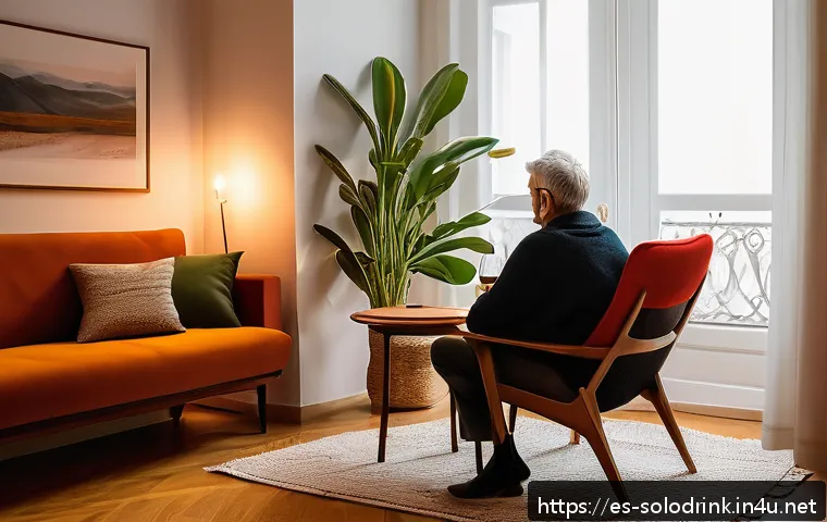 혼술과 심리 상담 혼술로 힐링하는 법 - A cozy, warmly lit room in a modern Spanish apartment with soft amber lighting from a small candle o...
