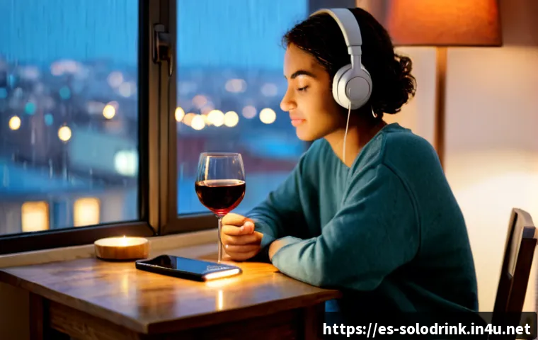혼술 감성 음악 플레이리스트 - Photorealistic evening scene in a cozy Spanish apartment, a relaxed adult sitting alone beside a sma...