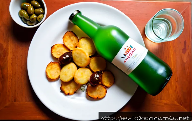 Home 30 소주 안주 추천 - Photorealistic overhead dining-table scene featuring an unlabeled frosted green soju bottle, two sma...